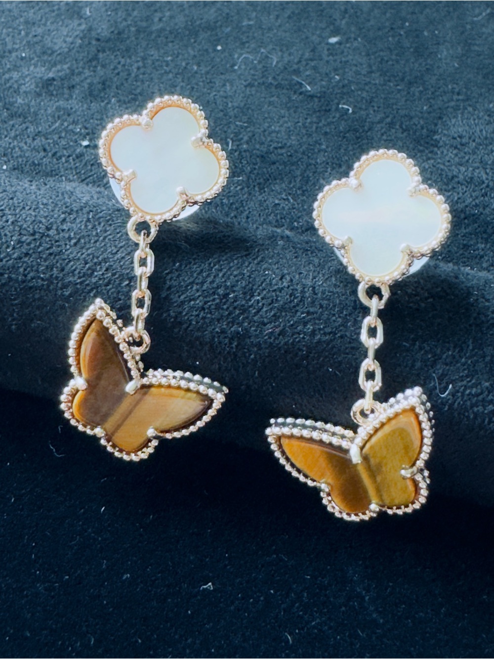 White Mother-of-Pearl and Brown Butterfly Drop Earrings